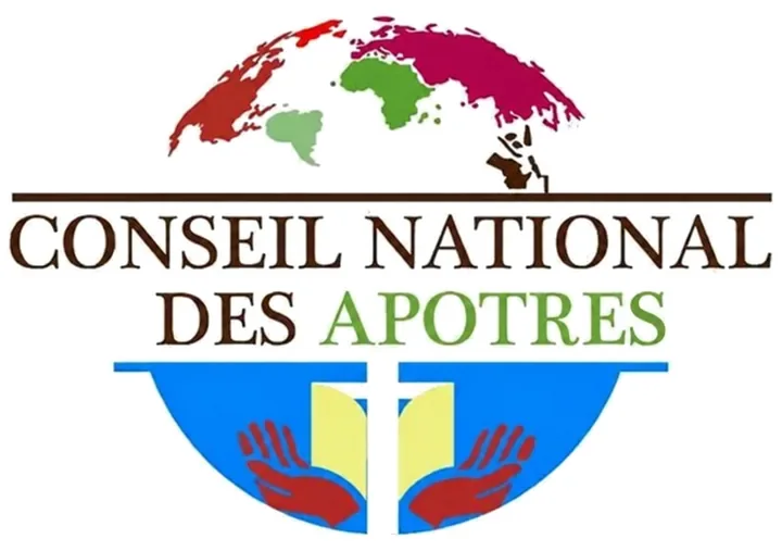 Logo du Conseil National des Apôtres : globe, livre ouvert et mains tendues